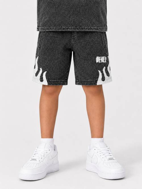 Kids' Rebel Minds Rebel Flame shorts in light grey with a vibrant flame design, made for comfortable casual wear.