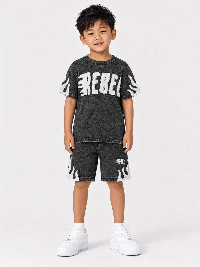 Kids' grey Rebel Minds Rebel Flame shorts with an adjustable waistband and sporty design, perfect for active play.