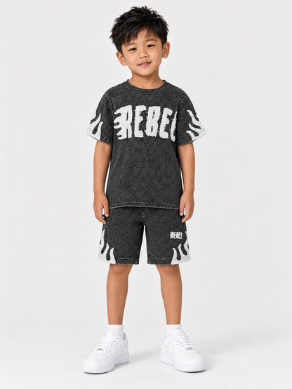 Kids' grey Rebel Minds Rebel Flame shorts with an adjustable waistband and sporty design, perfect for active play.