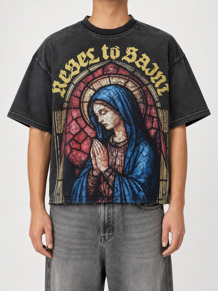 Black Rebel Minds Rebel To Saint cropped T-shirt, casual tee with graphic design, short sleeves, and fitted style.