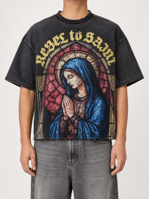 Black Rebel Minds Rebel To Saint cropped T-shirt, casual tee with graphic design, short sleeves, and fitted style.