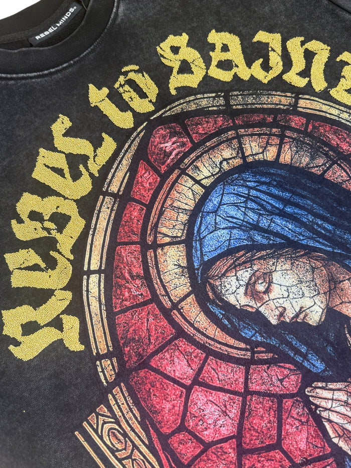 Black Rebel Minds 'Rebel To Saint' cropped T-shirt with graphic design, short sleeves, and casual fit.