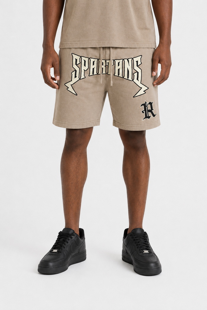 Rebel Minds Spartans Washed Shorts in taupe, casual men's shorts with a relaxed fit and washed finish for a vintage look.