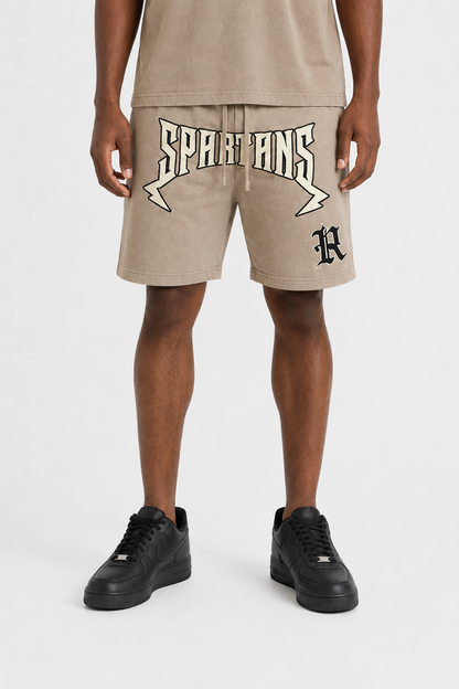 Rebel Minds Spartans Washed Shorts in taupe, casual men's shorts with a relaxed fit and washed finish for a vintage look.