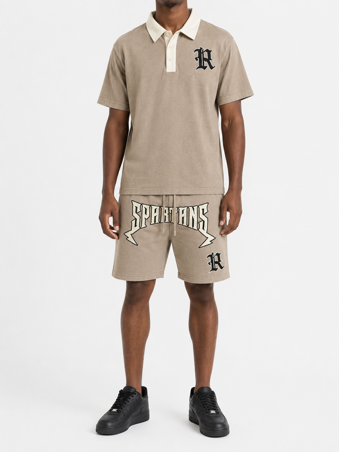 Rebel Minds Spartans Washed Shorts in taupe, casual men's shorts with a relaxed fit and washed fabric texture.