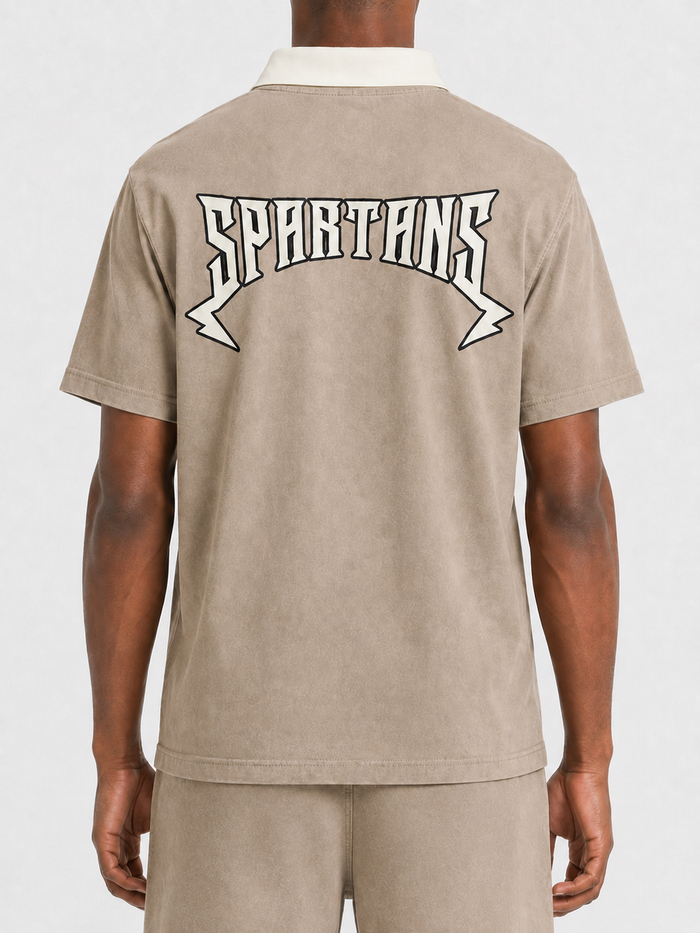 Rebel Minds Spartans Washed Shorts in taupe, casual men's shorts with a relaxed fit and washed finish, displayed on a hanger.