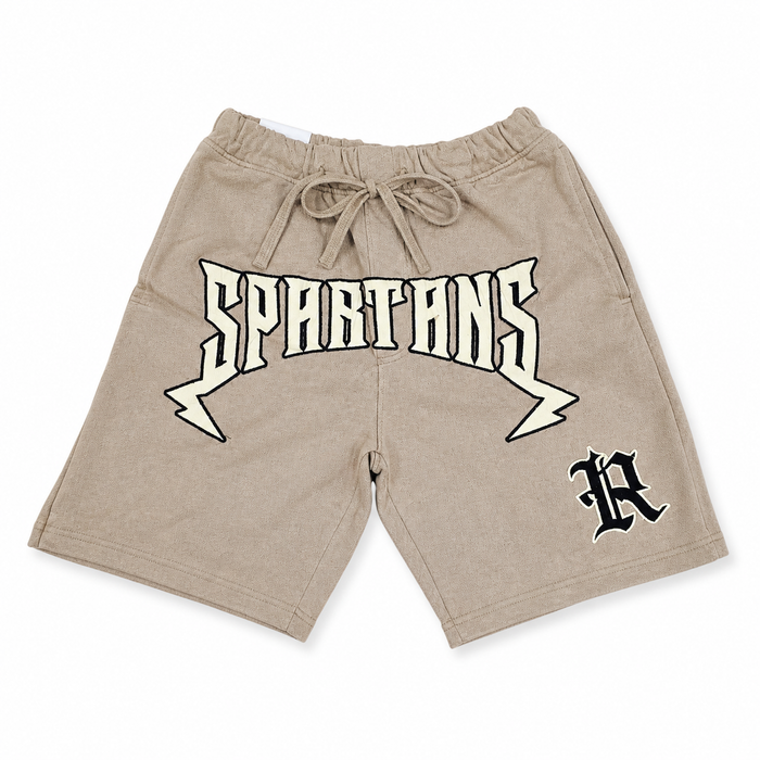 Rebel Minds Spartans Washed shorts in taupe, casual men's shorts with a relaxed fit and distressed wash detail.