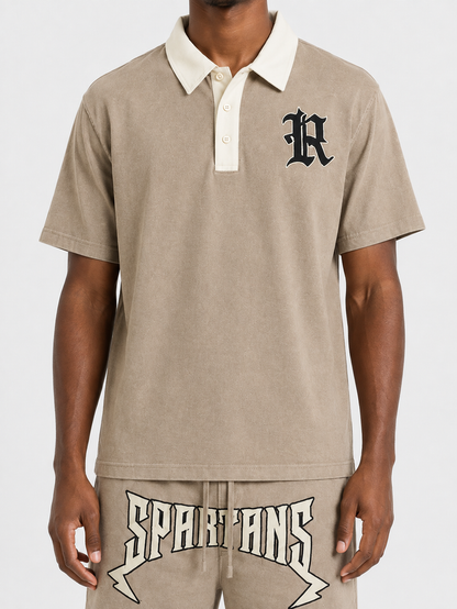 Rebel Minds Spartans Washed Shorts in taupe, casual men's shorts with a relaxed fit and washed finish, front view.