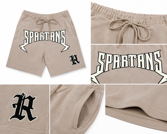 Rebel Minds Spartans Washed Shorts in taupe, casual men's shorts with a relaxed fit and distressed wash for a vintage look.