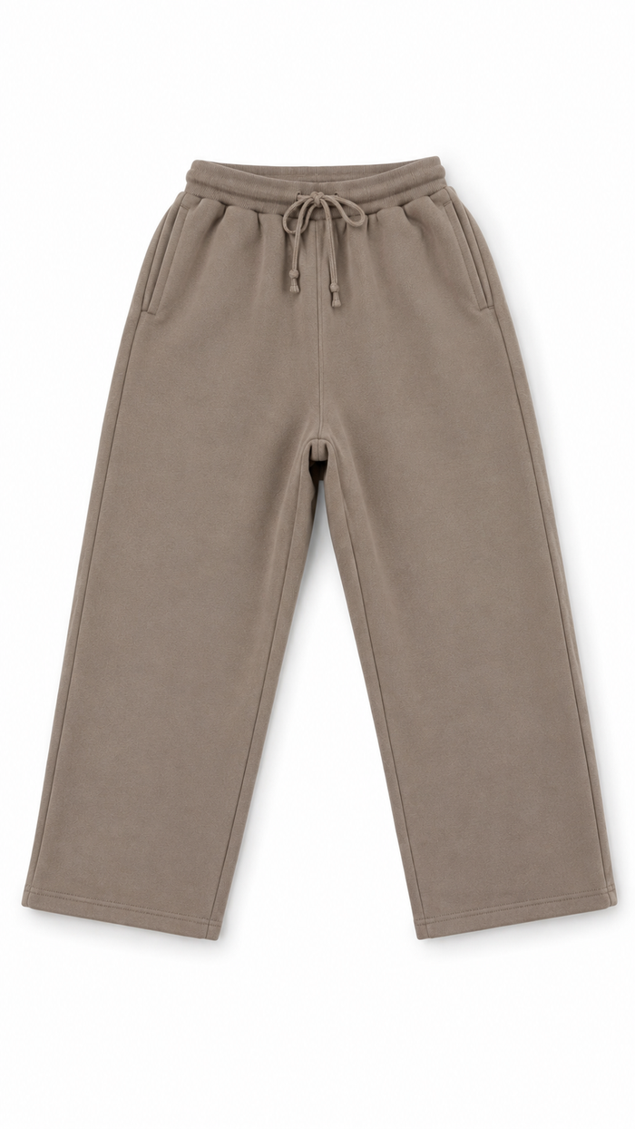 Rebel Minds ultra relaxed taupe sweatpants laid flat, showing comfortable fit and soft fabric for casual wear.