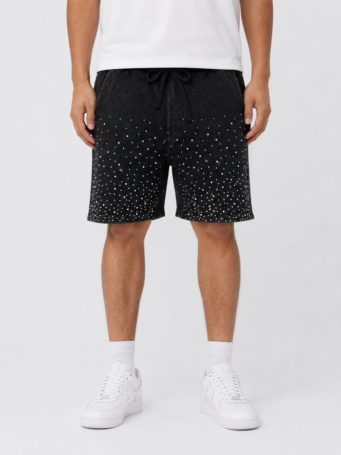 Black Rebel Minds Washed Rhinestone Galaxy shorts with sparkling rhinestone details, casual fit, and stylish galaxy-inspired design.