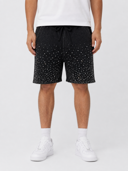 Black Rebel Minds Washed Rhinestone Galaxy shorts with sparkling rhinestone details, casual fit, and stylish galaxy-inspired design.