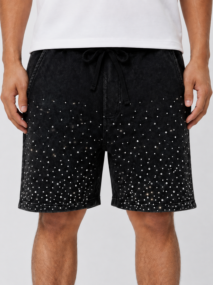 Black Rebel Minds Washed Rhinestone Galaxy shorts with sparkling rhinestone details and a relaxed fit, casual streetwear style.