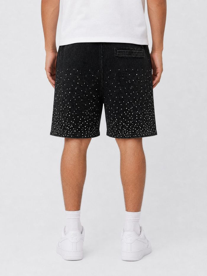 Black Rebel Minds Washed Rhinestone Galaxy shorts with shimmering rhinestones and a casual fit, displayed on a plain background.