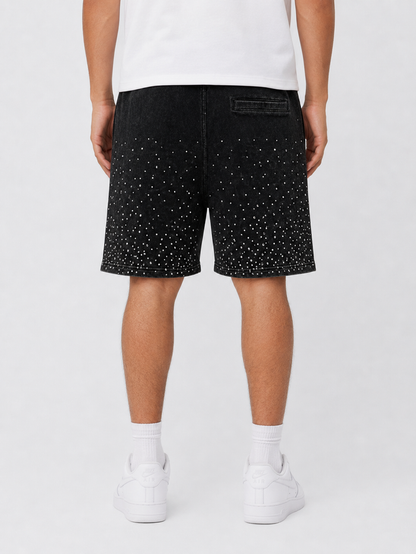 Black Rebel Minds Washed Rhinestone Galaxy shorts with shimmering rhinestones and a casual fit, displayed on a plain background.