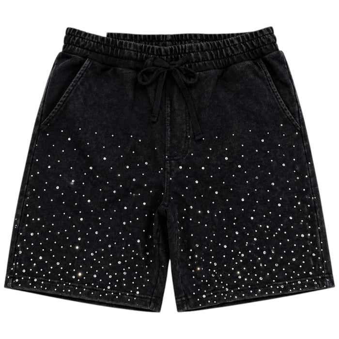 Rebel Minds Washed Rhinestone Galaxy black shorts with sparkling rhinestone details, casual fit, and stylish galaxy-inspired design.