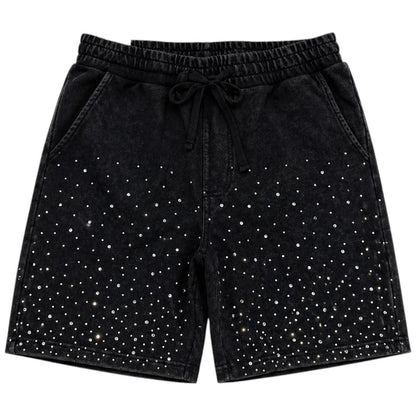 Rebel Minds Washed Rhinestone Galaxy black shorts with sparkling rhinestone details, casual fit, and stylish galaxy-inspired design.