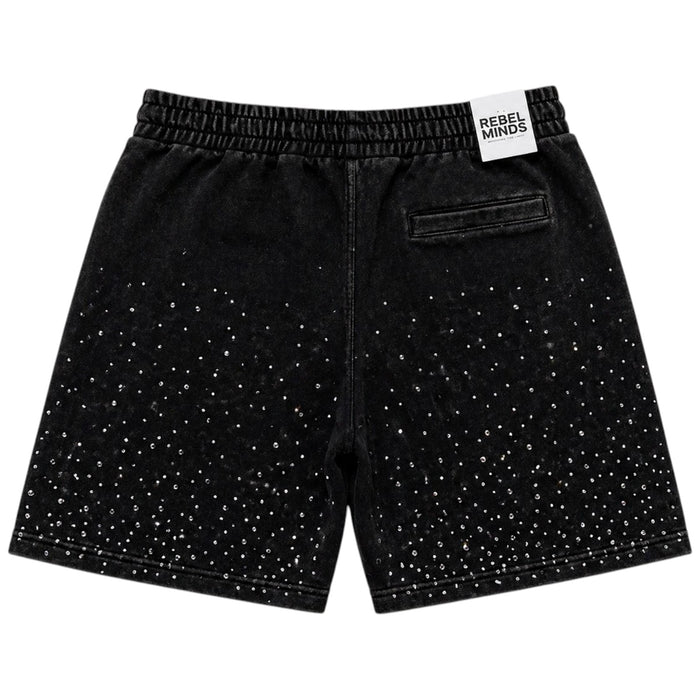 Black Rebel Minds Washed Rhinestone Galaxy shorts with rhinestone details and a washed denim look.