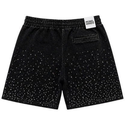 Black Rebel Minds Washed Rhinestone Galaxy shorts with rhinestone details and a washed denim look.