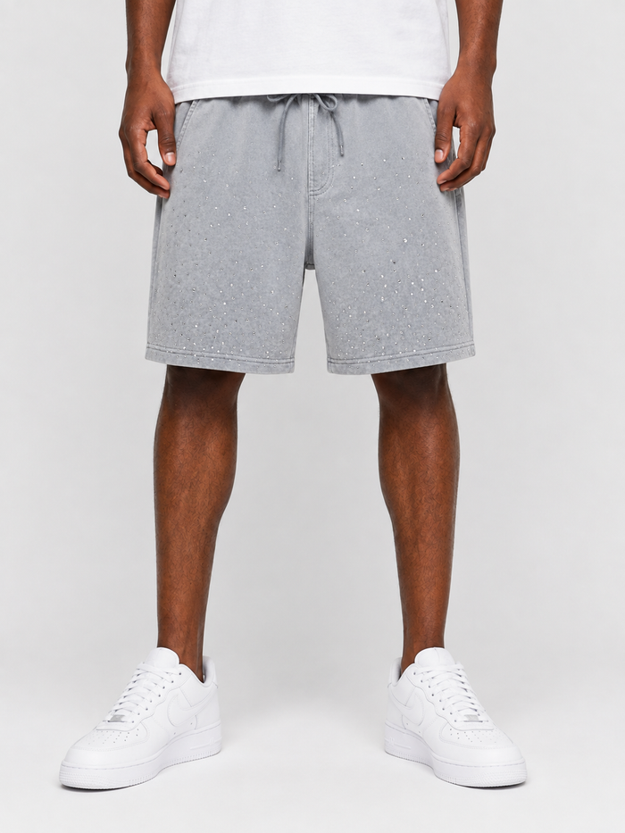 Rebel Minds washed rhinestone galaxy shorts in light grey with rhinestone details, casual fit, and distressed denim style.