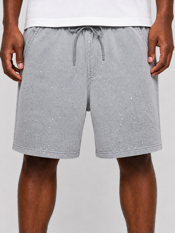 Rebel Minds washed rhinestone galaxy shorts in light grey, featuring starry design and casual fit for stylish streetwear.
