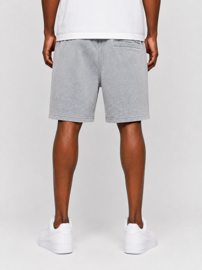 Rebel Minds washed rhinestone galaxy shorts in light grey with denim texture and rhinestone details, casual and stylish for everyday wear.