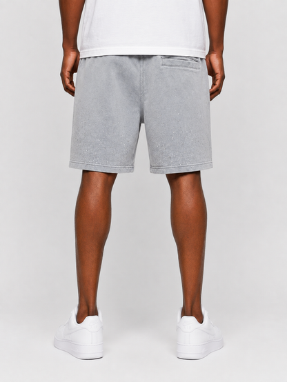 Rebel Minds washed rhinestone galaxy shorts in light grey with denim texture and rhinestone details, casual and stylish for everyday wear.