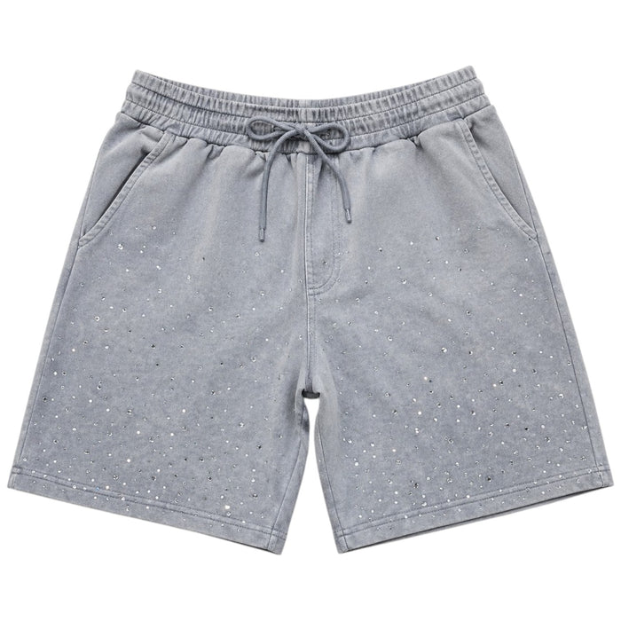 Rebel Minds Washed Rhinestone Galaxy shorts in light grey with galaxy print and rhinestone details, casual fit, front view.