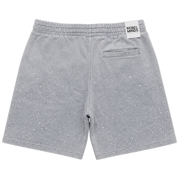 Rebel Minds Washed Rhinestone Galaxy shorts in light grey with rhinestone details and distressed finish, casual summer fashion.