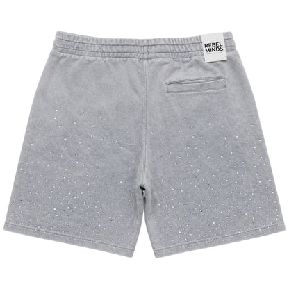Rebel Minds Washed Rhinestone Galaxy shorts in light grey with rhinestone details and distressed finish, casual summer fashion.