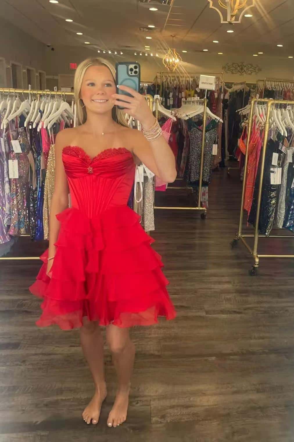 Appliques Neck Pink Corset Tiered Short Dress
