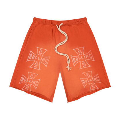 Orange Rolling Loud 'Speed Demon' shorts with bold graphic design, casual fit, and athletic style.