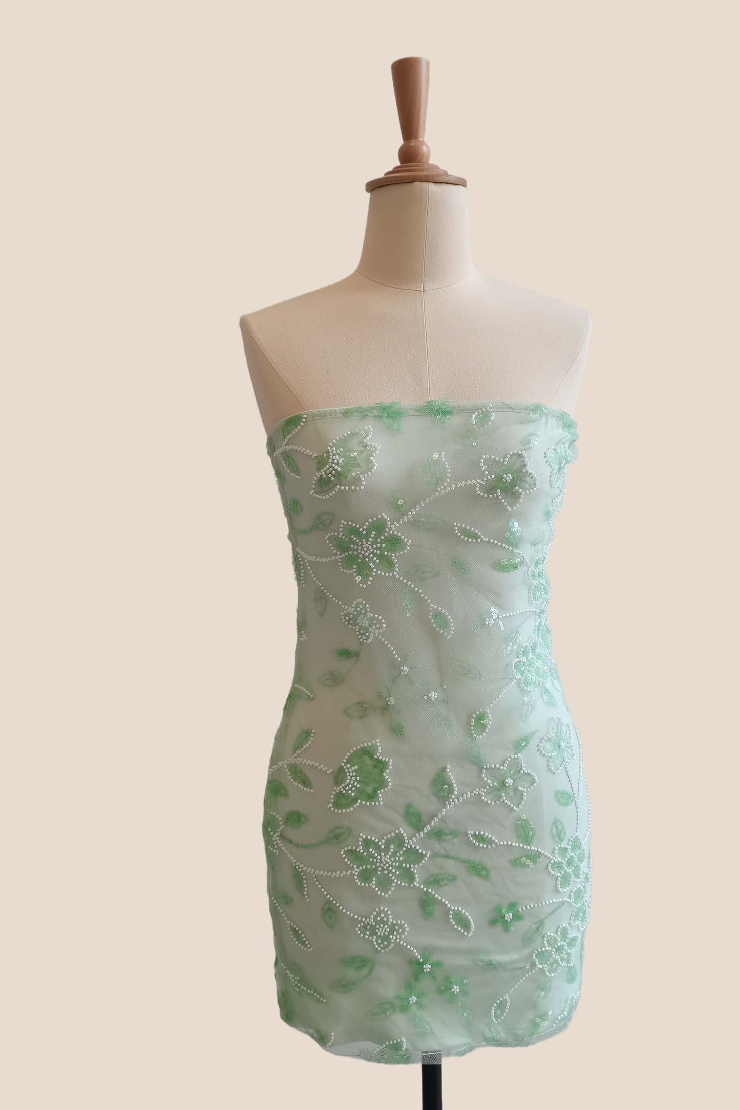 Green Beaded Strapless Fitted Short Dress