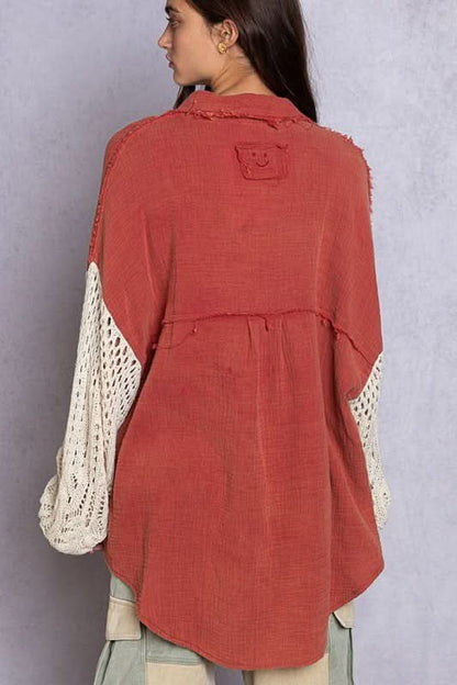 Lesley Dusty Red Crochet Sleeve Shacket