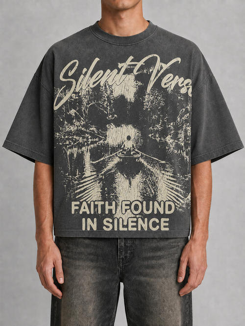 Silent Verse oversized cropped T-shirt in charcoal with "Faith Found In Silence" print, casual fit and soft fabric.