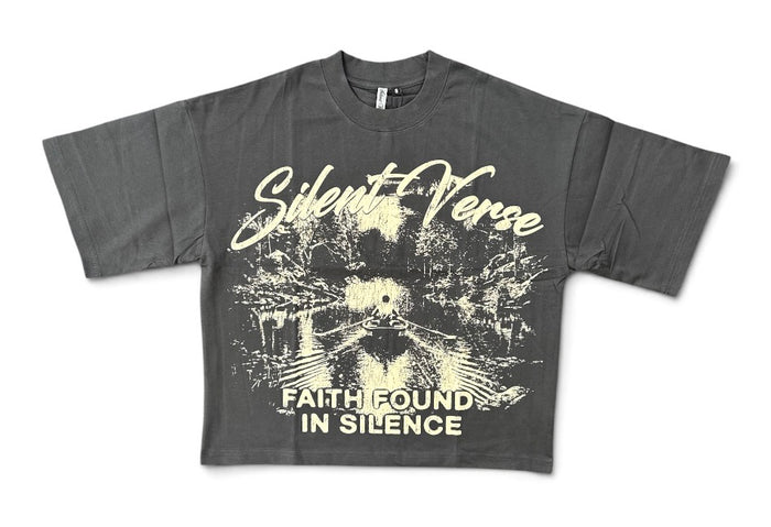 Silent Verse Faith Found In Silence oversized cropped charcoal T-shirt, showing relaxed fit and stylish design with graphic print.