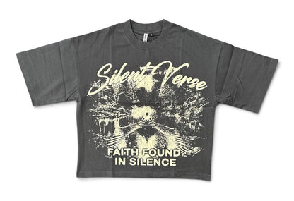 Silent Verse Faith Found In Silence oversized cropped charcoal T-shirt, showing relaxed fit and stylish design with graphic print.
