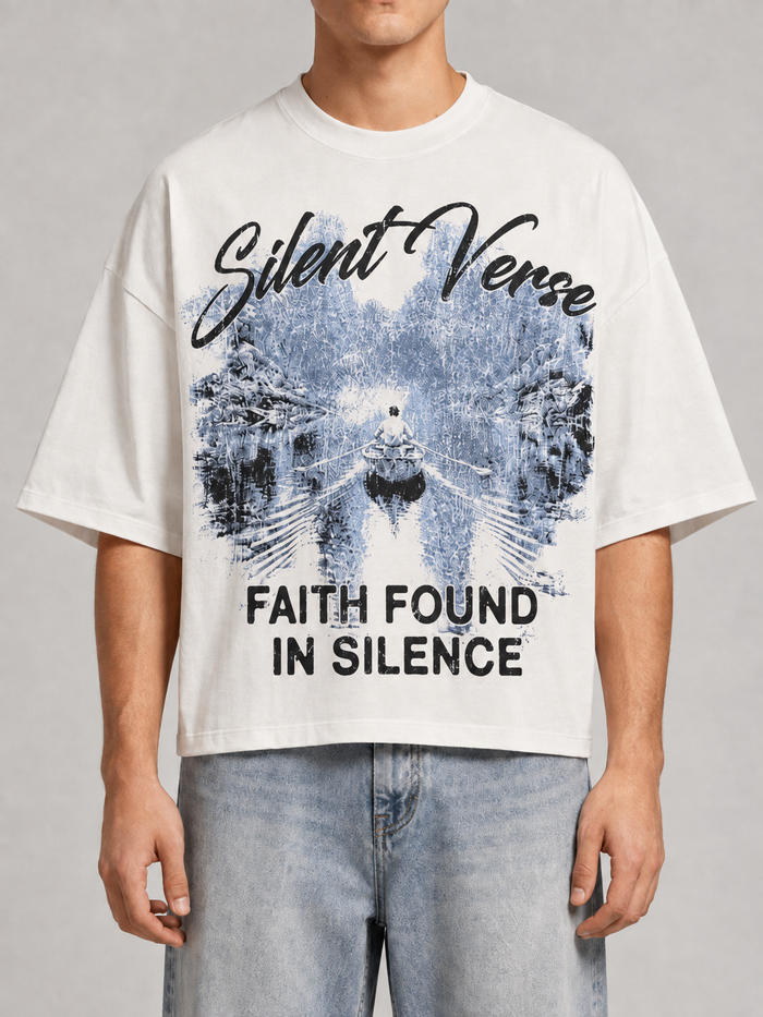 White Silent Verse oversized cropped T-shirt with "Faith Found In Silence" graphic, casual and trendy for everyday wear.