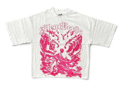 Silent Verse Grace oversized white cropped T-shirt with pink accents, casual fit, soft fabric, and stylish streetwear design.
