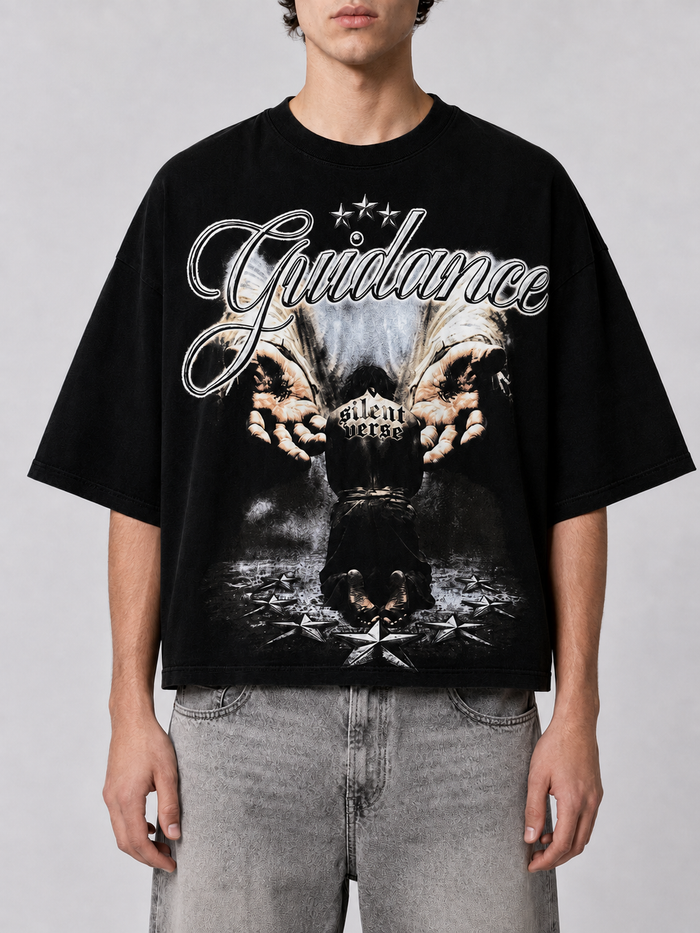 Black Silent Verse Guidance oversized cropped T-shirt displayed on a model, showcasing its relaxed fit and modern style.