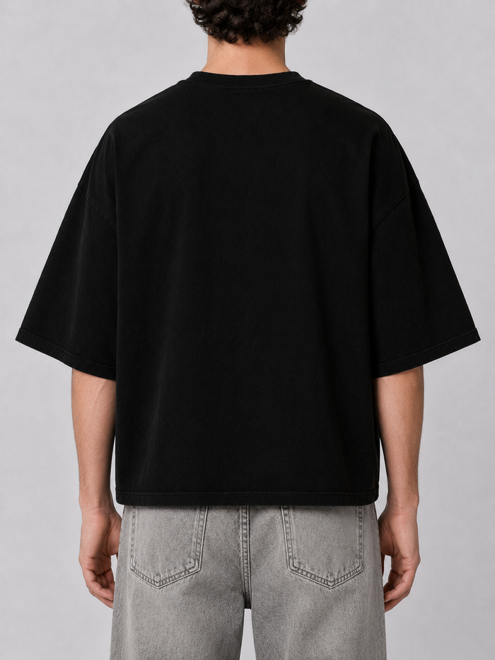 Black Silent Verse Guidance oversized cropped T-shirt, casual streetwear style, shown on a model.
