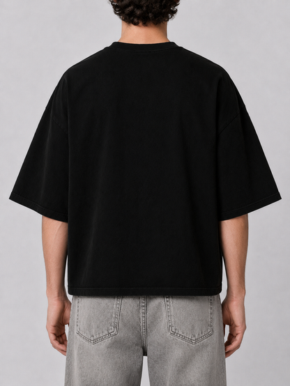 Black Silent Verse Guidance oversized cropped T-shirt, casual streetwear style, shown on a model.
