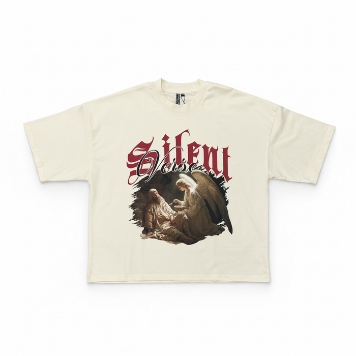 Cream oversized cropped T-shirt by Silent Verse featuring the "Raised By An Angel" design on the front.