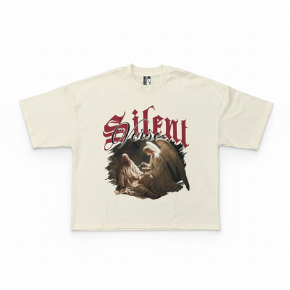 Cream oversized cropped T-shirt by Silent Verse featuring the "Raised By An Angel" design on the front.