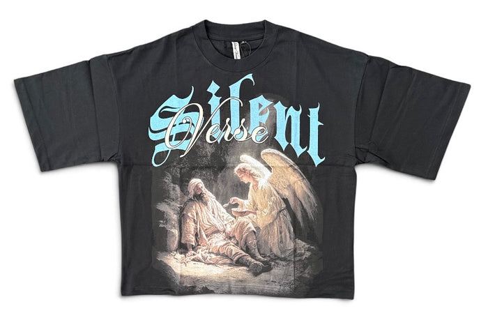 Black Silent Verse Raised By An Angel oversized cropped T-shirt with bold graphic print on the front.