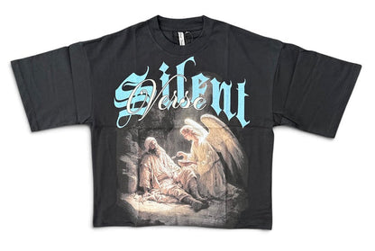 Black Silent Verse Raised By An Angel oversized cropped T-shirt with bold graphic print on the front.