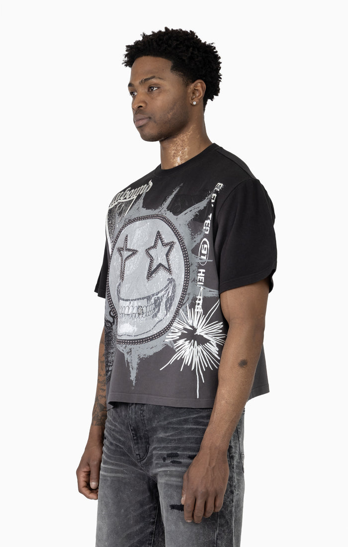 Black Smoke Rise Elevate wide crop tee, casual short-sleeve T-shirt with a relaxed fit, showcased on a neutral background.