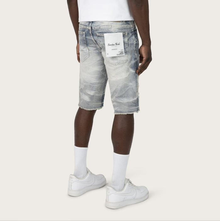 Smoke Rise essential denim shorts in Farley Blue, casual fit with classic denim texture and stylish stitching.