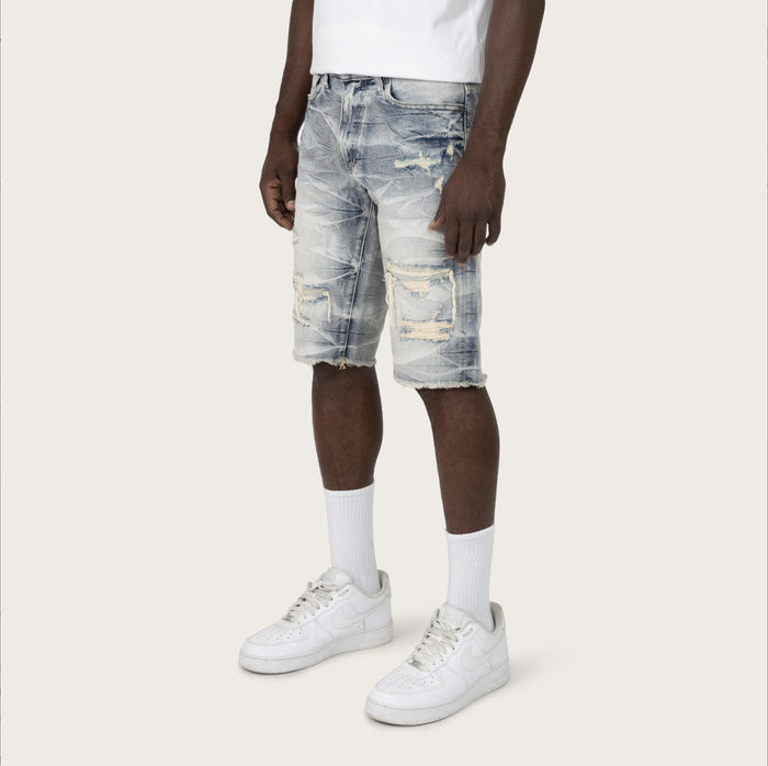 Smoke Rise Farley Blue denim shorts with classic fit and rolled cuffs, casual summer style for men.