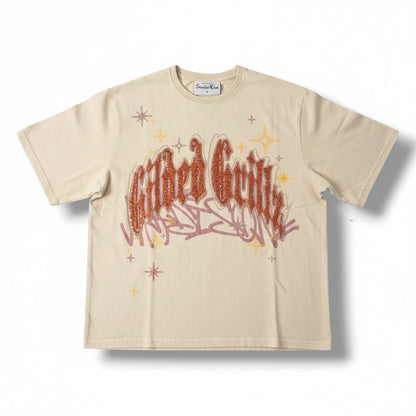 Smoke Rise Rhinestone Dystopia wide crop t-shirt in clay color, featuring rhinestone details and a stylish cropped fit.